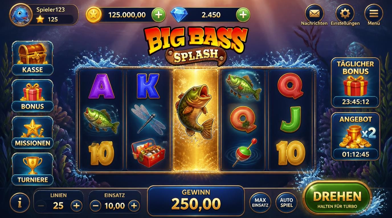Ein Handybildschirm mit Wildwasser-Slot, Bonus-Buttons, Login &amp, Kasse in blau-goldenem Stil